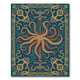 ODIKA Octopus Nautical Art Nouveau Washable Area Rug - Low Pile Non-Slip Teal & Gold