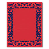 Red Area Rug with Ornate Navy Border