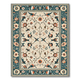 Ivory Persian Rug with Teal Border, Birds Flowers