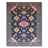 Vibrant Navy Persian Rug with Pink Yellow Motifs