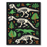 Dinosaur Skeleton Kids Area Rug - Black with Green Foliage