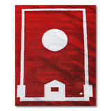 Bold Red Geometric Area Rug with White Circle House
