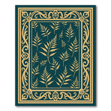 Teal Fern Leaf Area Rug with Ornate Gold Border