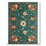 Teal Persian Floral Area Rug with Coral Blooms
