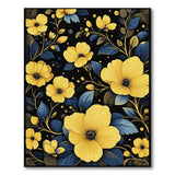 Vivid Yellow Blooms Blue Leaves Black Rug