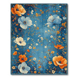 Vintage Navy Blue Poppy Area Rug with Orange Blooms
