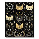 Whimsical Gold Cats Stars Black Area Rug