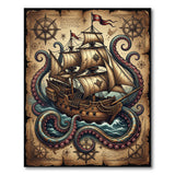 Vintage Kraken Pirate Ship Area Rug