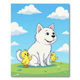 Adorable White Fluffy Dog with Playful Chicks Cartoon Rug
