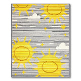 Playful Yellow Suns Stars Grey Striped Kids Rug