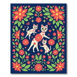 Whimsical Maneki-Neko Cats Poinsettia Floral Rug