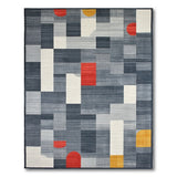 Navy Geometric Area Rug with Red Yellow Circles