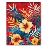 Vibrant Red Palm Leaf and Hibiscus Area Rug