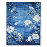 Navy Blue Birds and White Peonies Area Rug