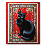 Black Cat on Red Dotted Persian Rug