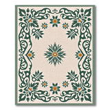 Green Floral Border Area Rug with Cream Field