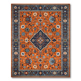 Vibrant Orange Persian Area Rug with Navy Accents