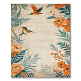 Cream Area Rug with Orange Peonies Teal Leaves Kingfishers