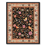 Black Persian Rug with Vibrant Flowers Birds