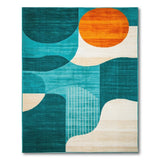 Teal Abstract Geometric Area Rug with Orange Sun
