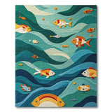 Teal Ocean Waves with Colorful Fish Area Rug