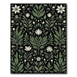 Green Leaf White Flower Botanical Black Area Rug
