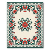 Red Rose Floral Area Rug with Green Ornate Border