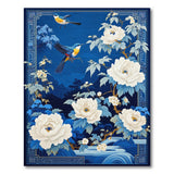 Navy Blue Peony and Colorful Birds Oriental Rug