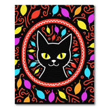 Playful Black Cat with Vibrant Leaves Round Rug