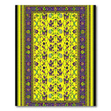 Vibrant Yellow Rug with Purple Tribal Masks Fruits