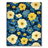Navy Peony Floral Area Rug with Yellow Blooms