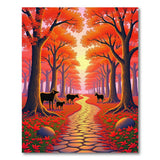 Red Autumn Forest Path Deer Silhouette Area Rug