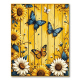 Sunflowers Colorful Butterflies on Rustic Wood Rug