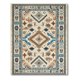Cream Blue Teal Geometric Heritage Tribal Rug