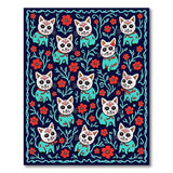 Whimsical Navy Lucky Cat Floral Pattern Rug
