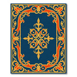 Navy Blue Ornate Area Rug with Gold Orange Baroque Border