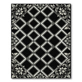 Black White Diamond Lattice Rug with Ornate Florals