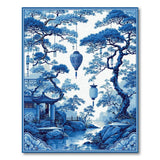 ODIKA Blue and White Chinoiserie Washable Area Rug - Oriental Landscape Low Pile Non-Slip Rug
