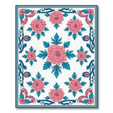 Ornate Pink Roses Teal Foliage Floral Rug