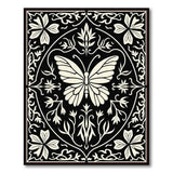 Ornate Butterfly Floral Black White Area Rug