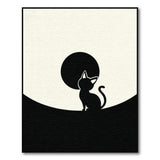 Minimalist Cat Moon Silhouette Black White Area Rug