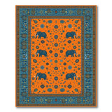 Vibrant Orange Elephant Motif Rug with Blue Border
