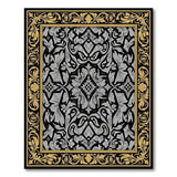 Ornate Grey Floral Black Rug with Gold Frame