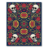 Ornate Skull Red Roses Navy Area Rug