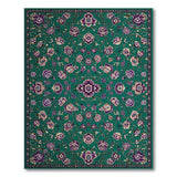 Teal Green Persian Floral Area Rug with Purple Blooms