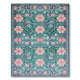 Teal Floral Area Rug with Pink Blooms and Birds