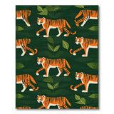 Playful Orange Tigers Leaves Green Area Rug