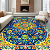 Vibrant Mexican Talavera Tile Rug with Colorful Pottery and Floral Designs(Blue)