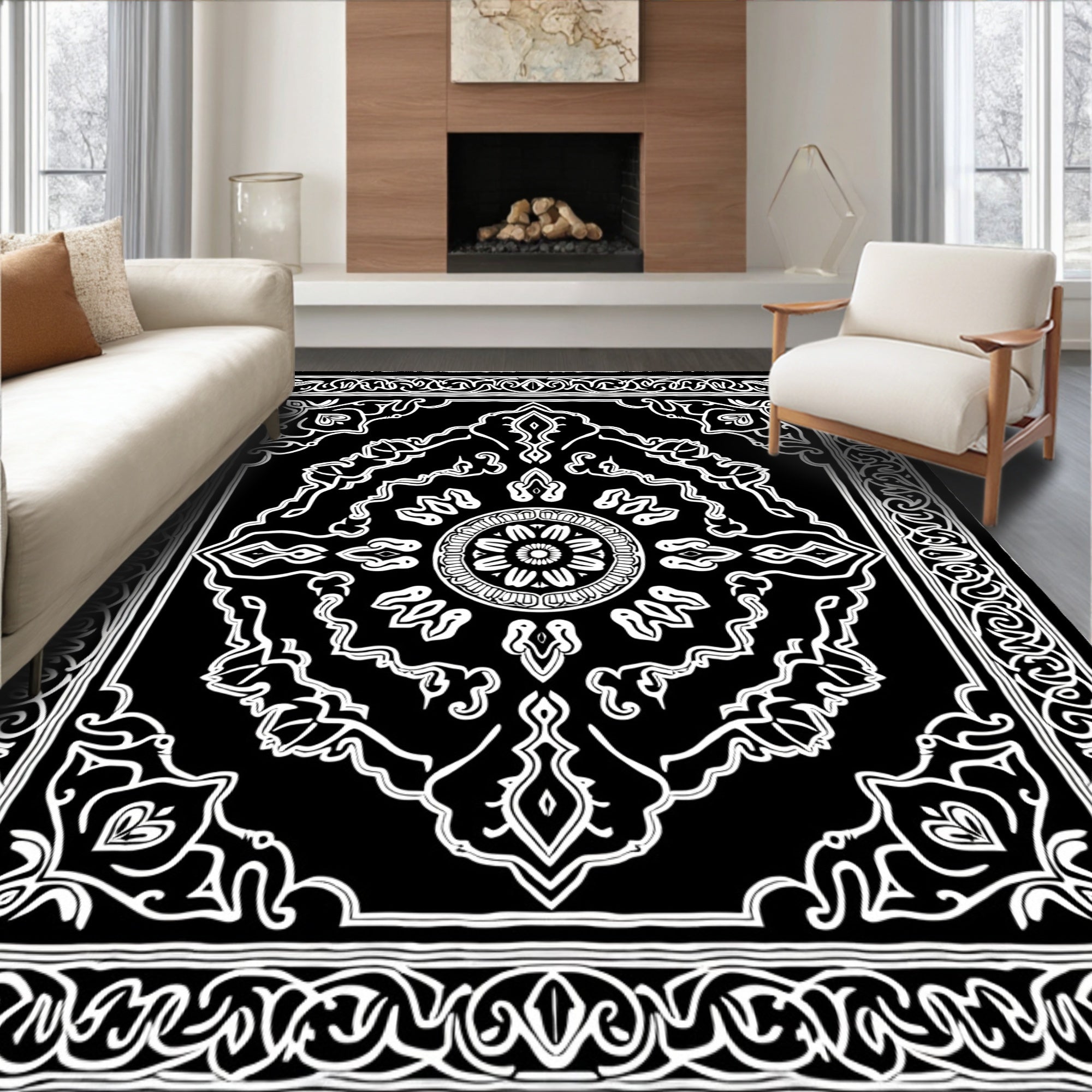 Intricate Medallion with Ornate Floral Motifs Symmetrical Design (Black) - ODIKA