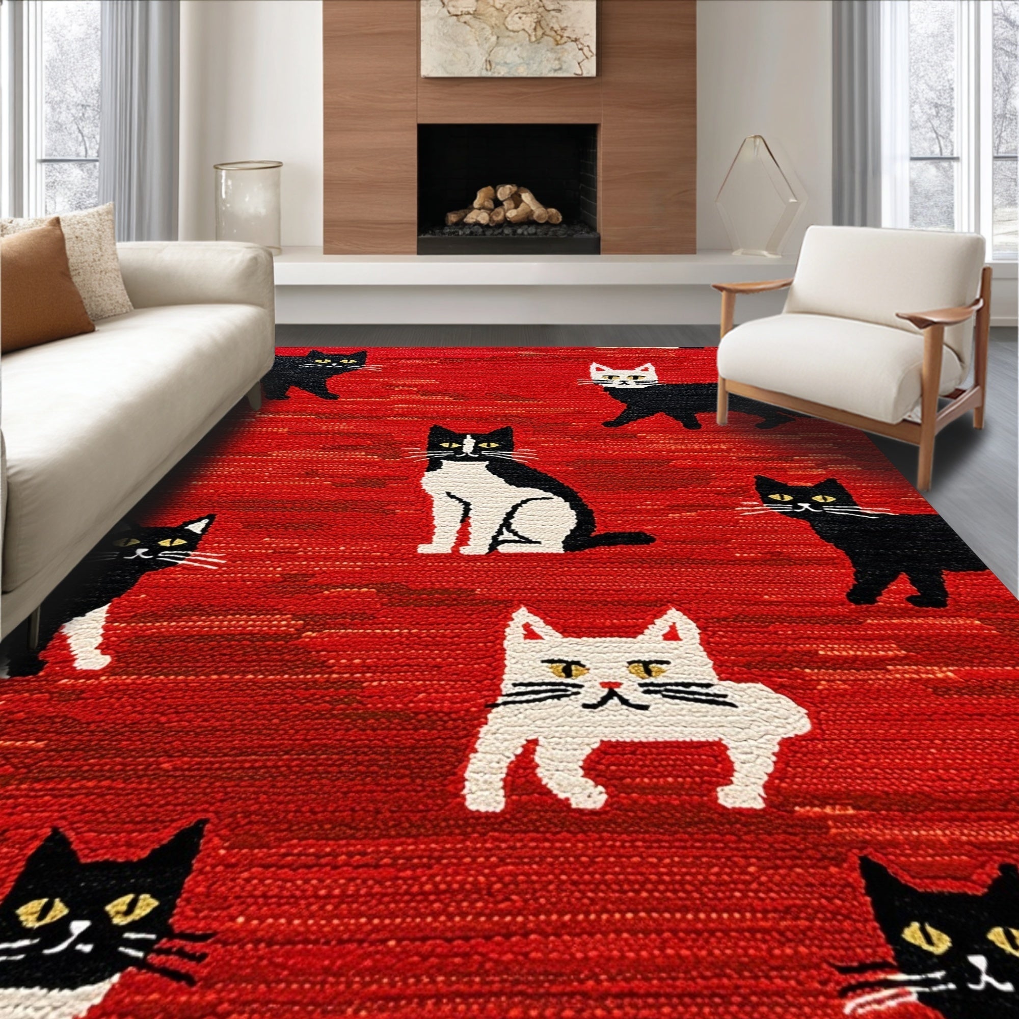 Ultra Soft Area Rug, Non Slip, Stain Resistant, Washable Area Rugs for Living Room, Bedroom, Funny Western Cat-Themed Bedroom Decor Non-Slip Floor Mat(Red)